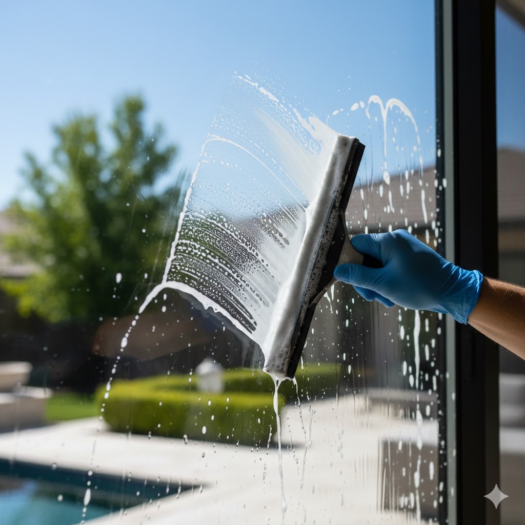 Professional window cleaning with squeegee